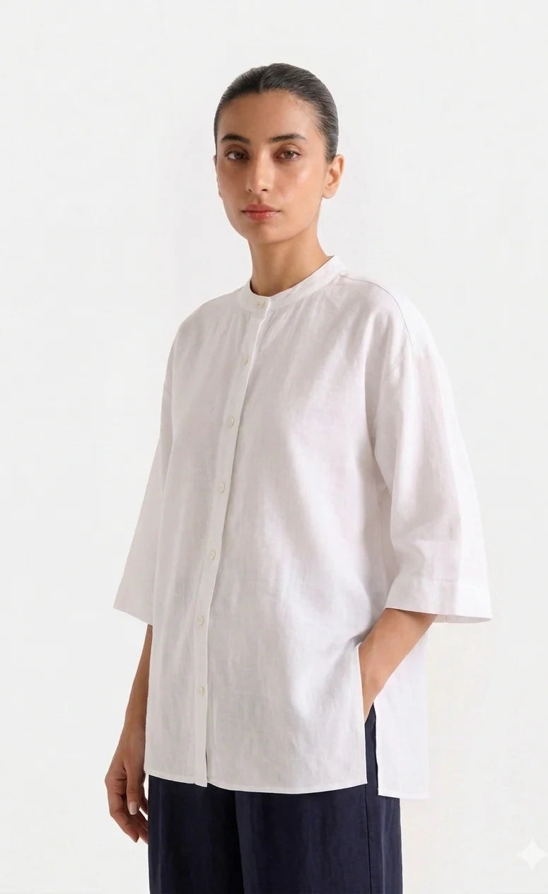 Band Collar Relaxed Fit Shirt - Off White
