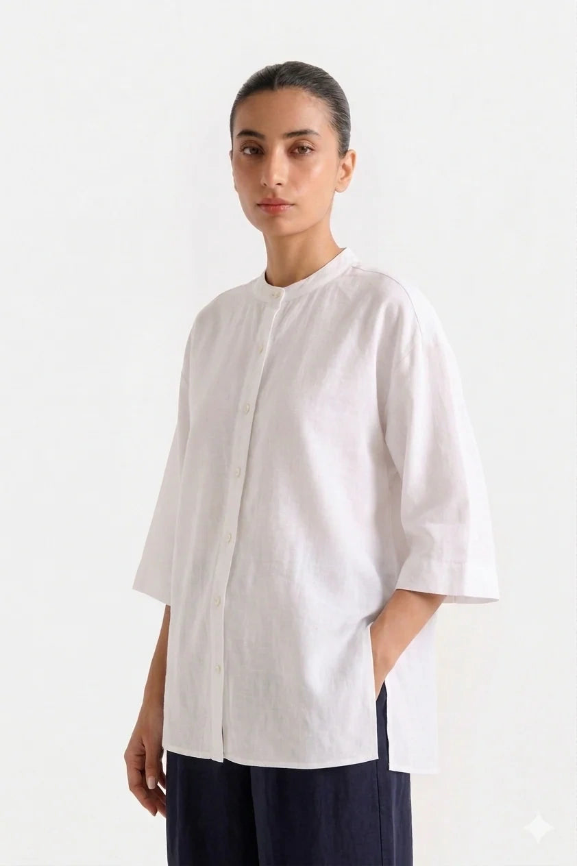Band Collar Relaxed Fit Shirt - Off White