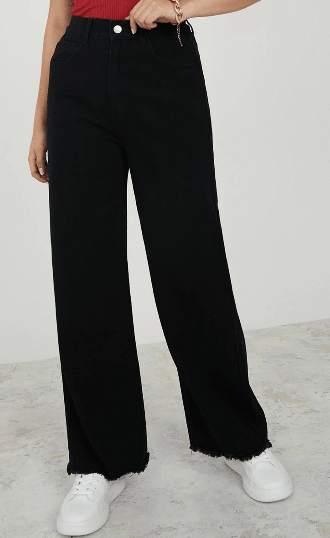 High Rise Frayed Hem Wide Leg Jeans