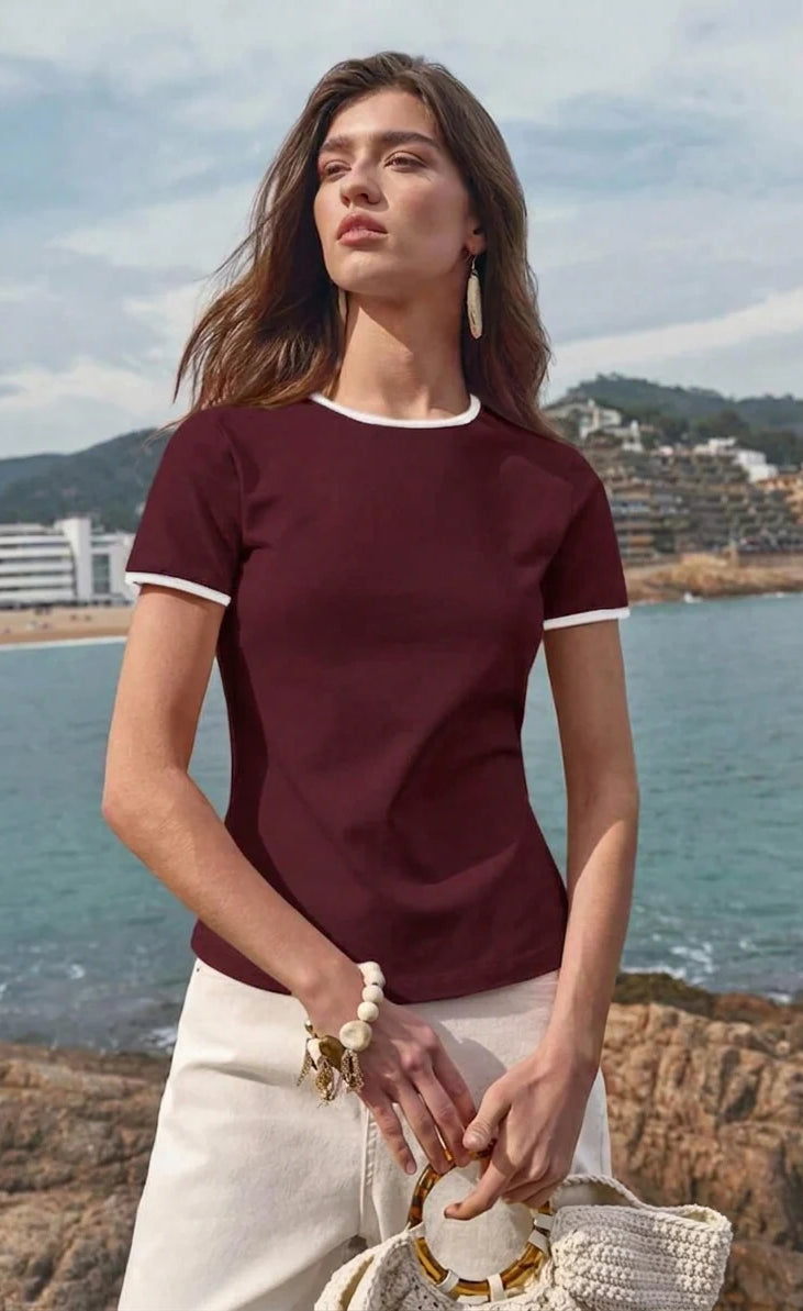 Contrast Trim T-Shirt - Maroon