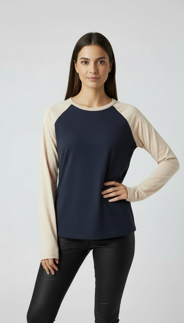 Contrast Raglan Sleeve Top | Blue/Beige