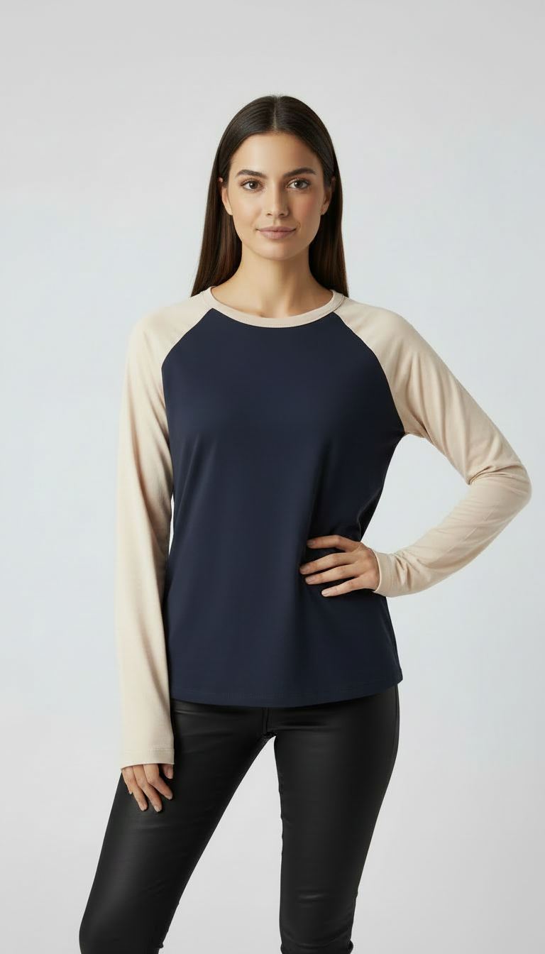 Contrast Raglan Sleeve Top | Blue/Beige