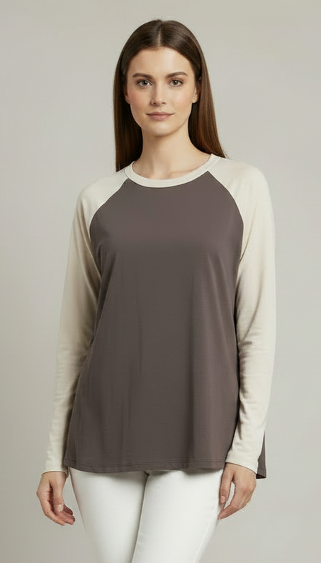 Contrast Raglan Sleeve Top | Brown/Beige