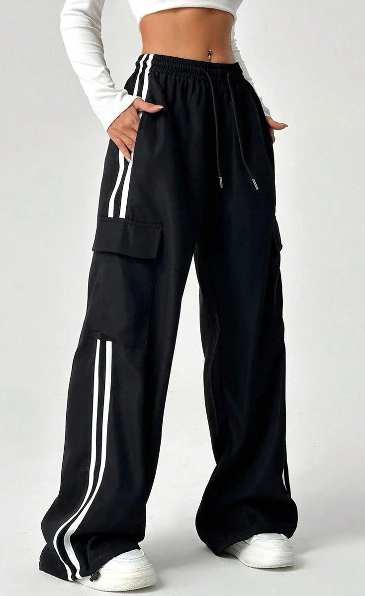 D600 Pure Black Stripe Cargo Wide-Leg Trouser