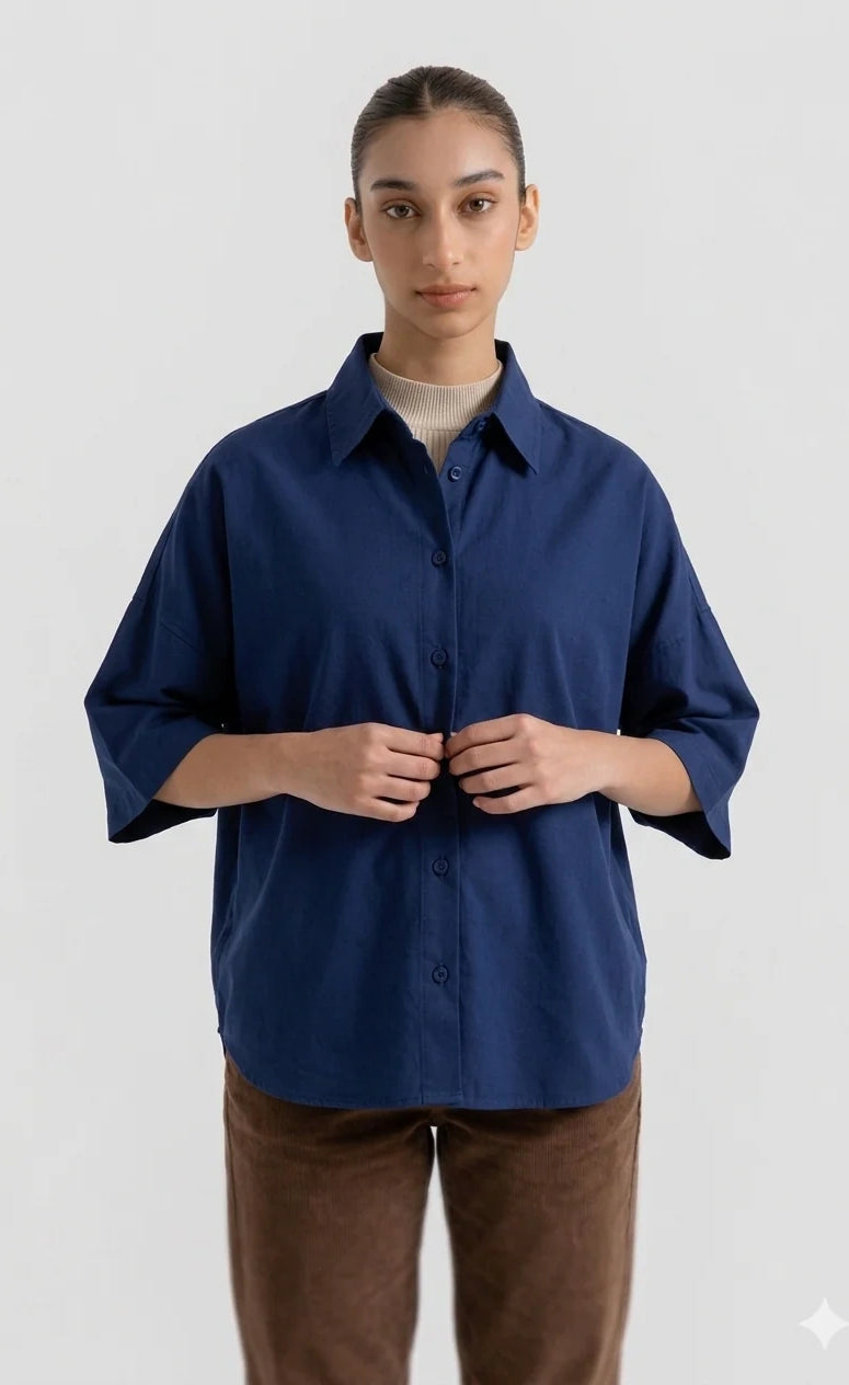 Oversized Button Down Shirt - Navy Blue