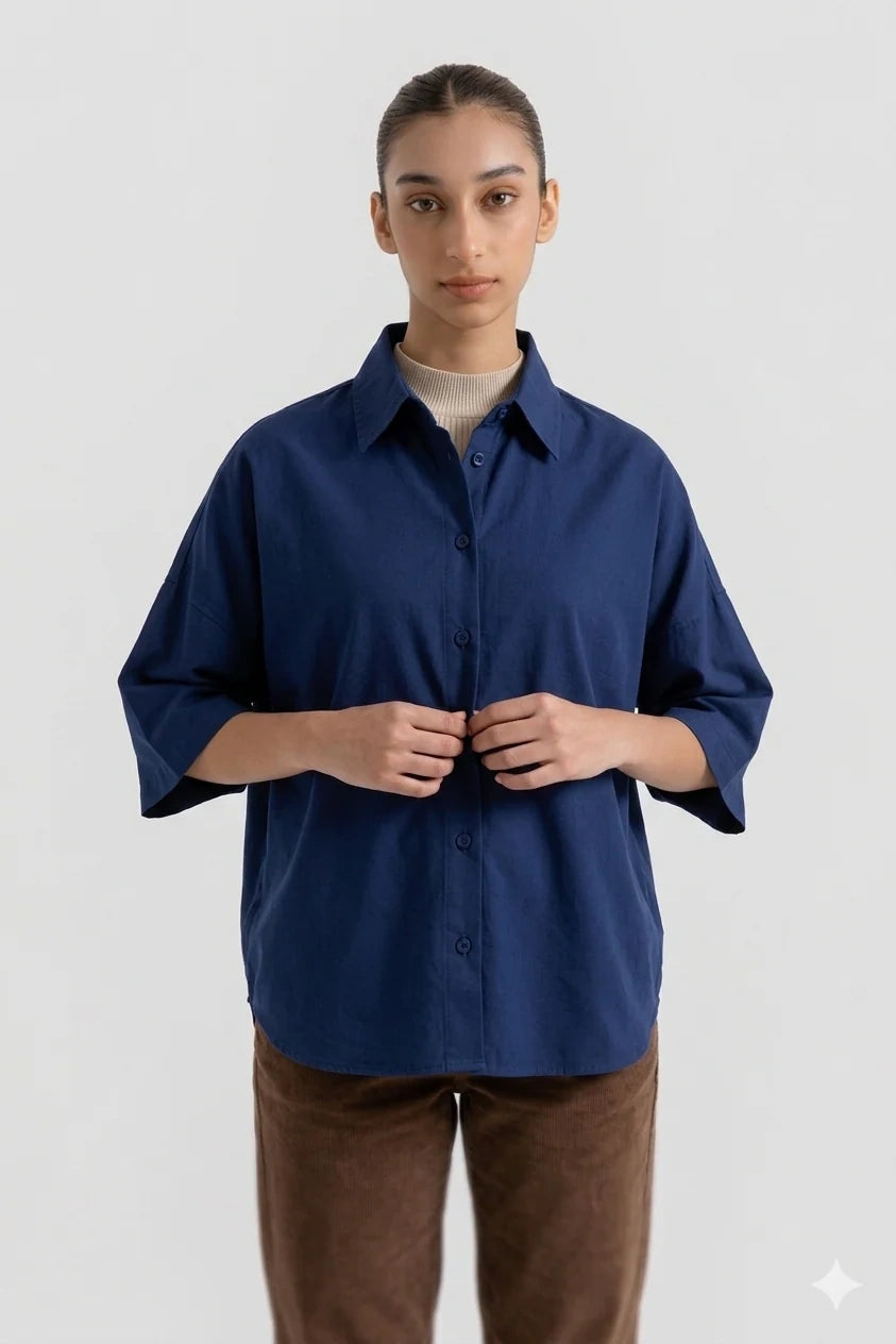 Oversized Button Down Shirt - Navy Blue