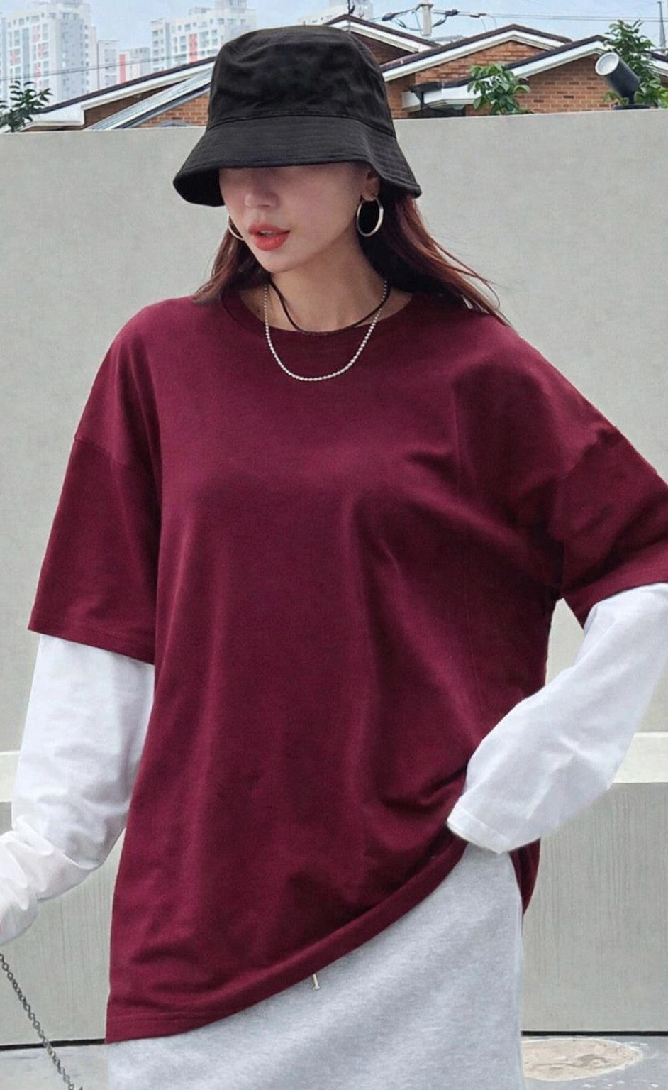 Oversized Layered T-Shirt - Maroon