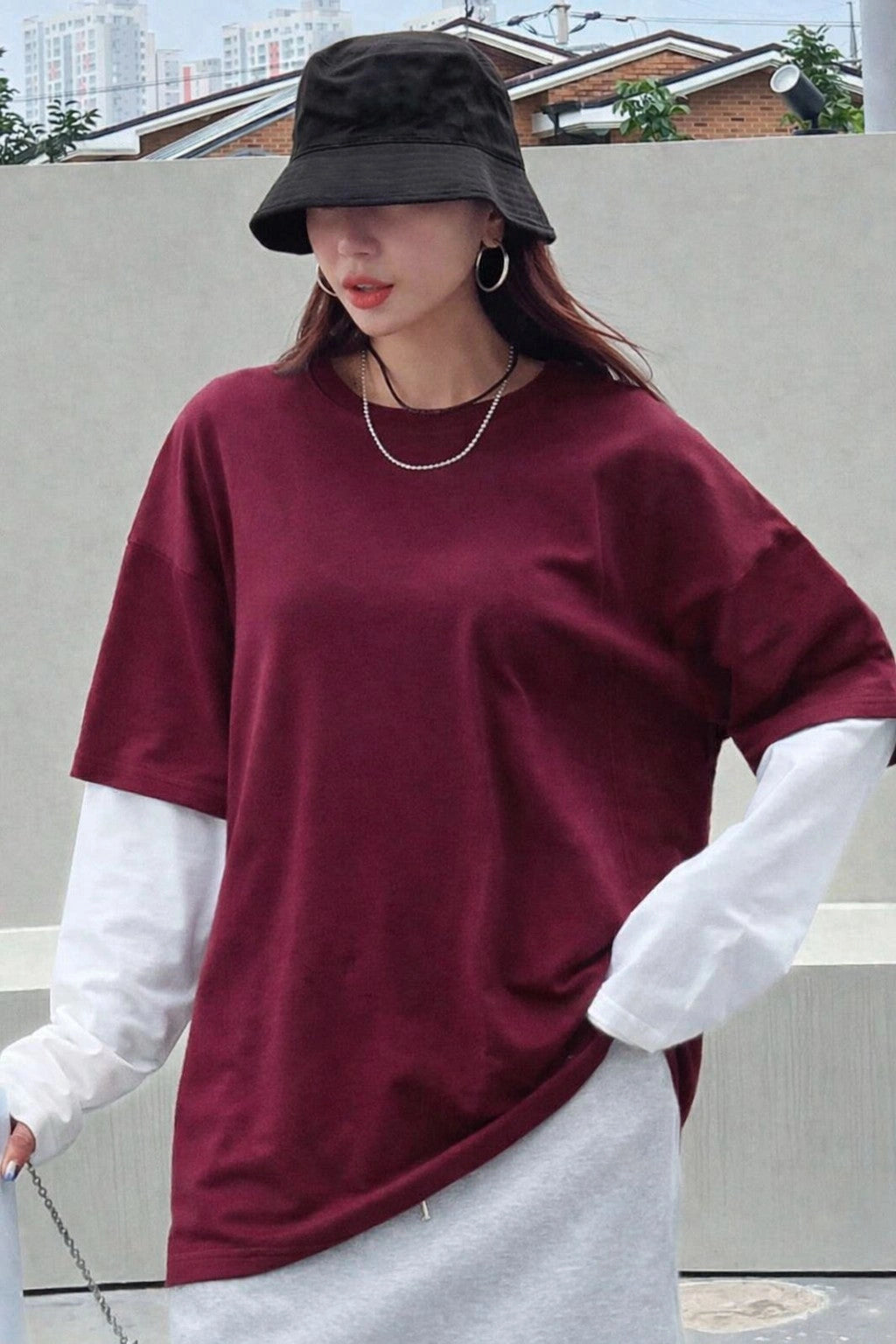 Oversized Layered T-Shirt - Maroon