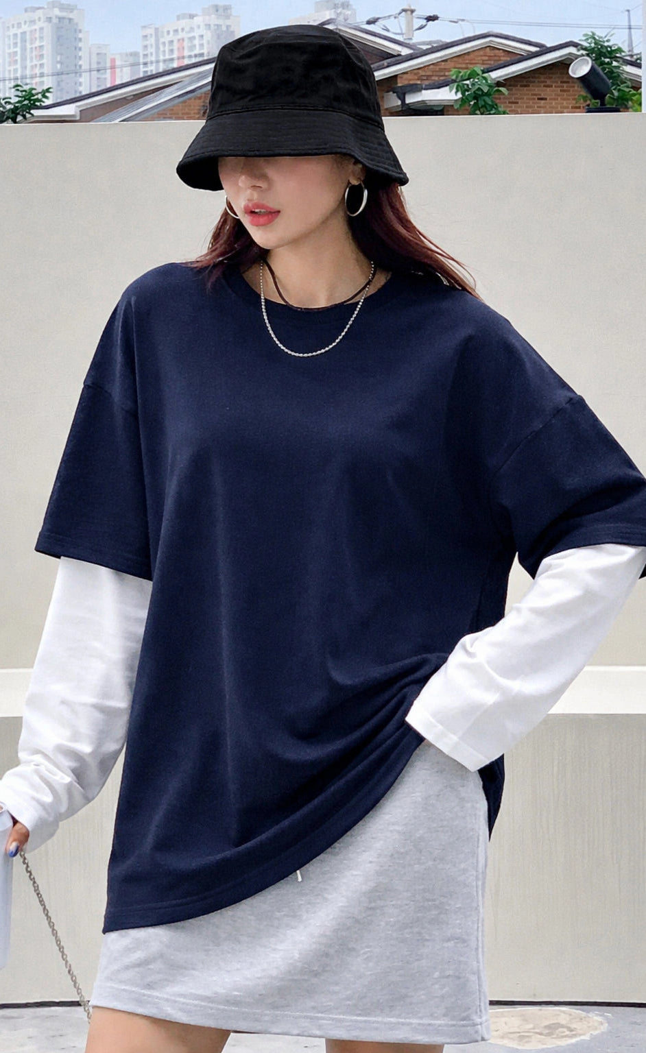 Oversized Layered T-Shirt - Navy Blue