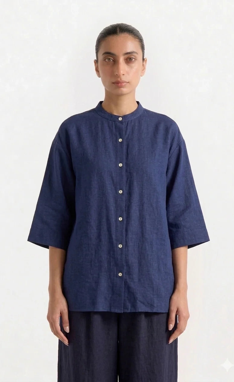 Band Collar Relaxed Fit Shirt - Navy Blue