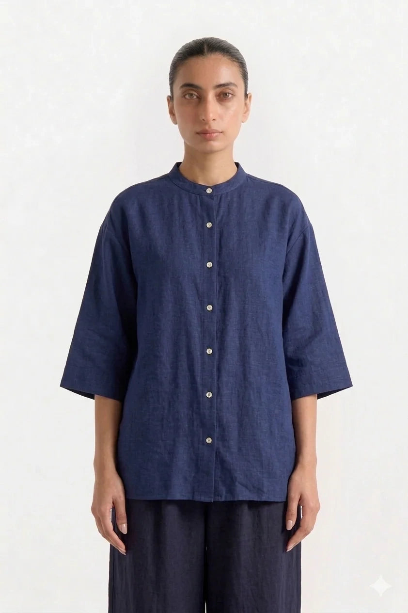 Band Collar Relaxed Fit Shirt - Navy Blue