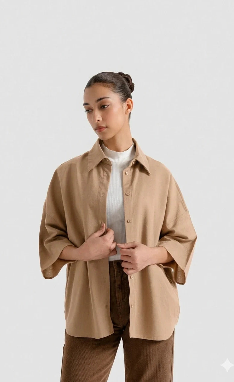 Oversized Button Down Shirt - Beige