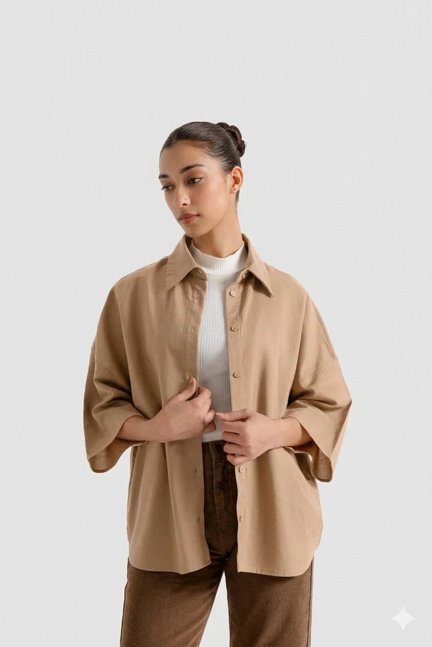 Oversized Button Down Shirt - Beige