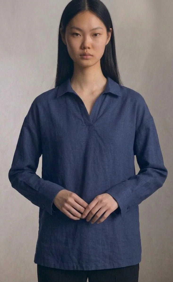 Oversized V-Neck Collar Shirt - Navy Blue