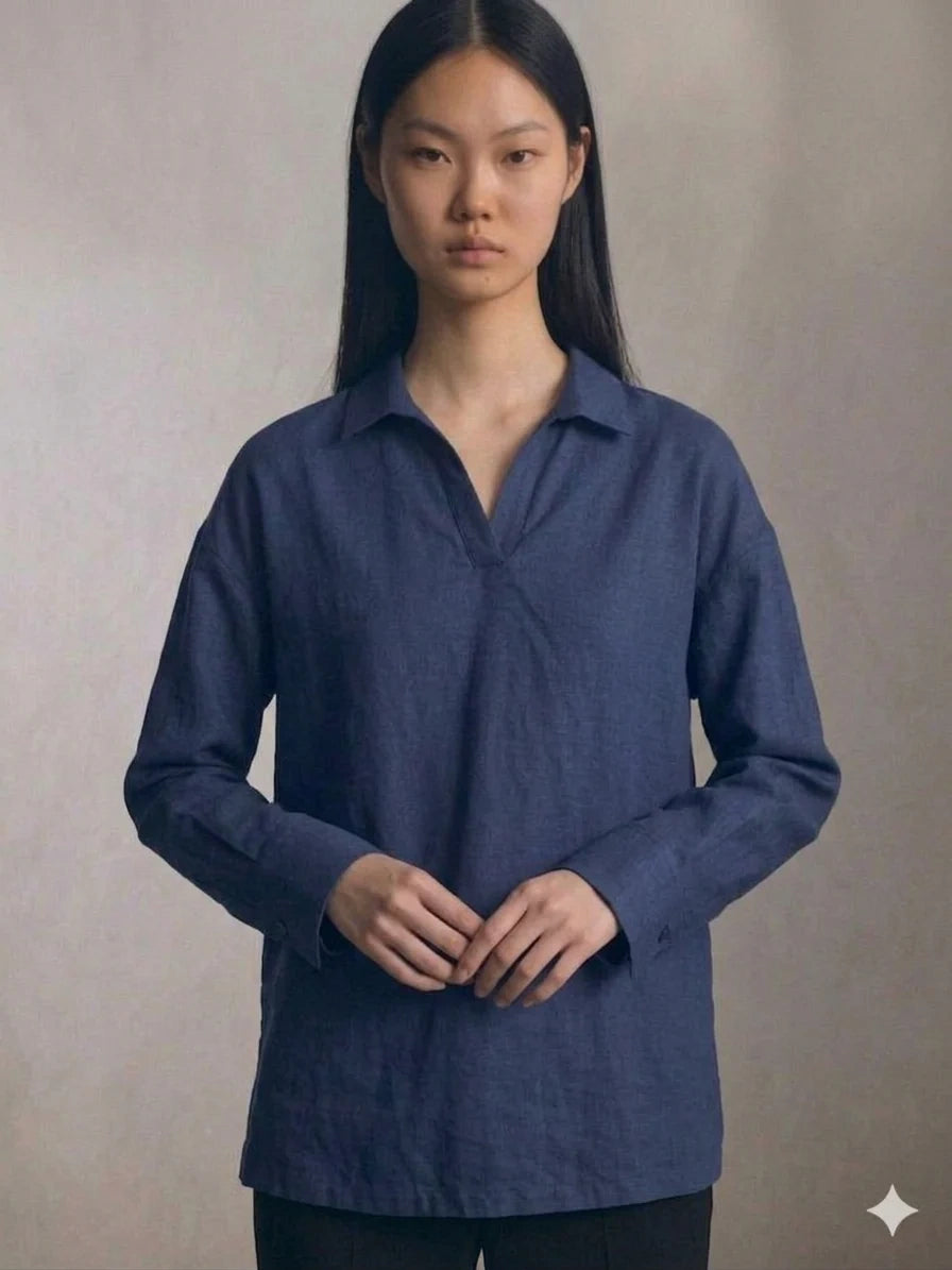 Oversized V-Neck Collar Shirt - Navy Blue