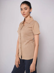 Button Up Ribbed Knit Shirt - Beige (Short Sleeves)