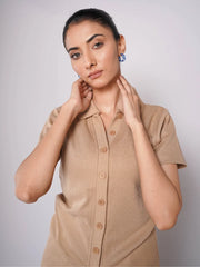 Button Up Ribbed Knit Shirt - Beige (Short Sleeves)