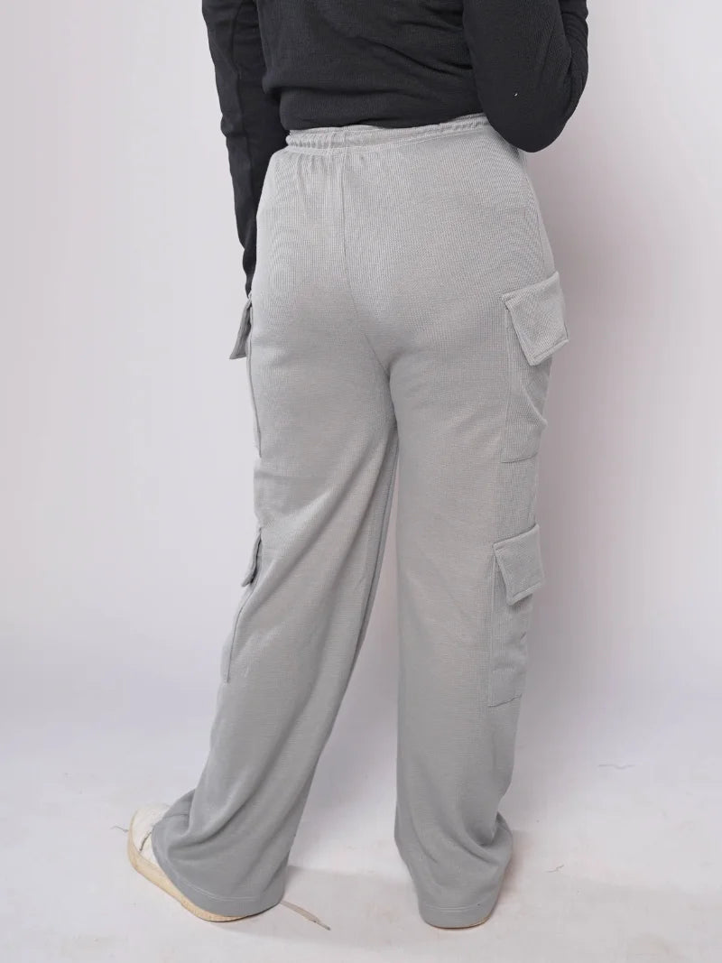 D600 - Grey Wide Leg Double Pocket Cargo Trousers