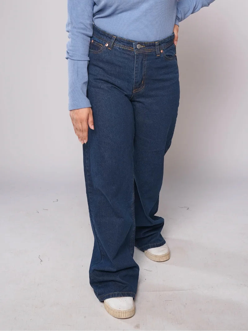 D600 - Dark Denim Blue High Waist Wide Leg Jeans