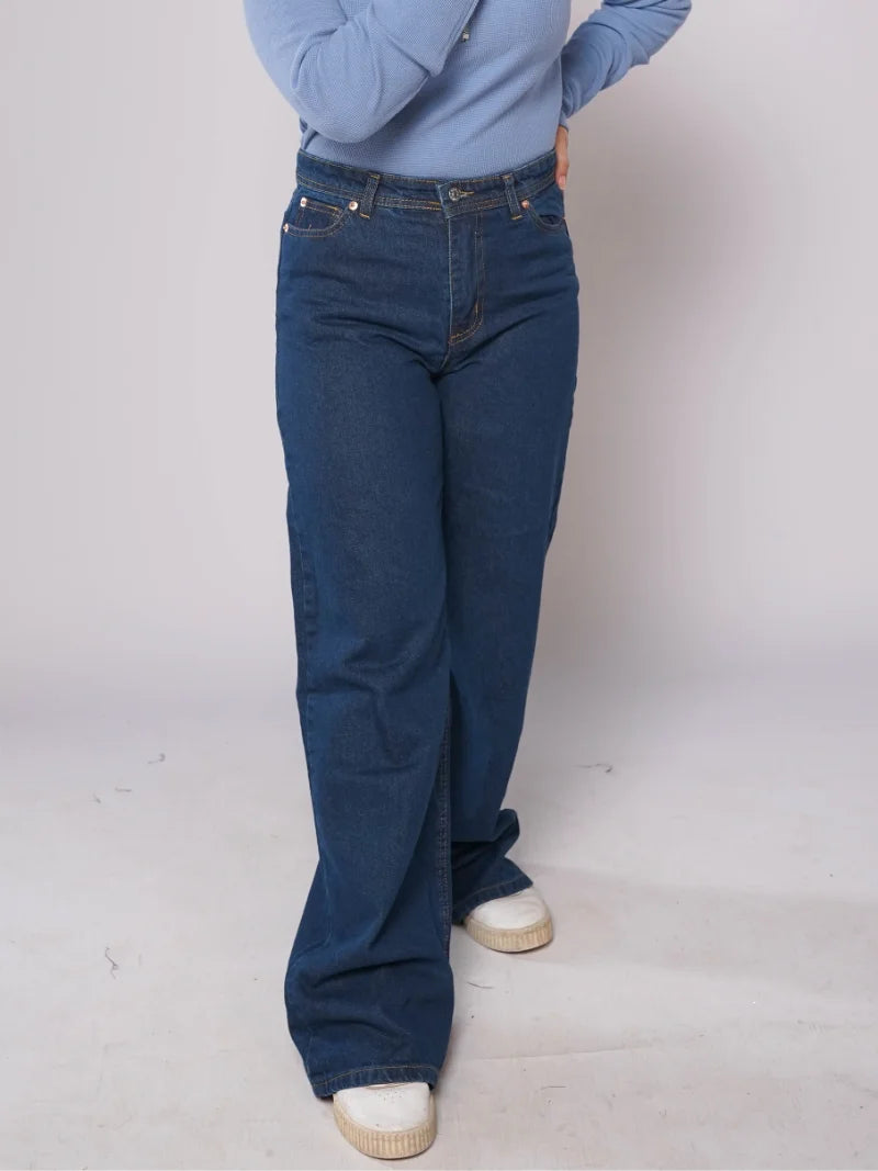 D600 - Dark Denim Blue High Waist Wide Leg Jeans