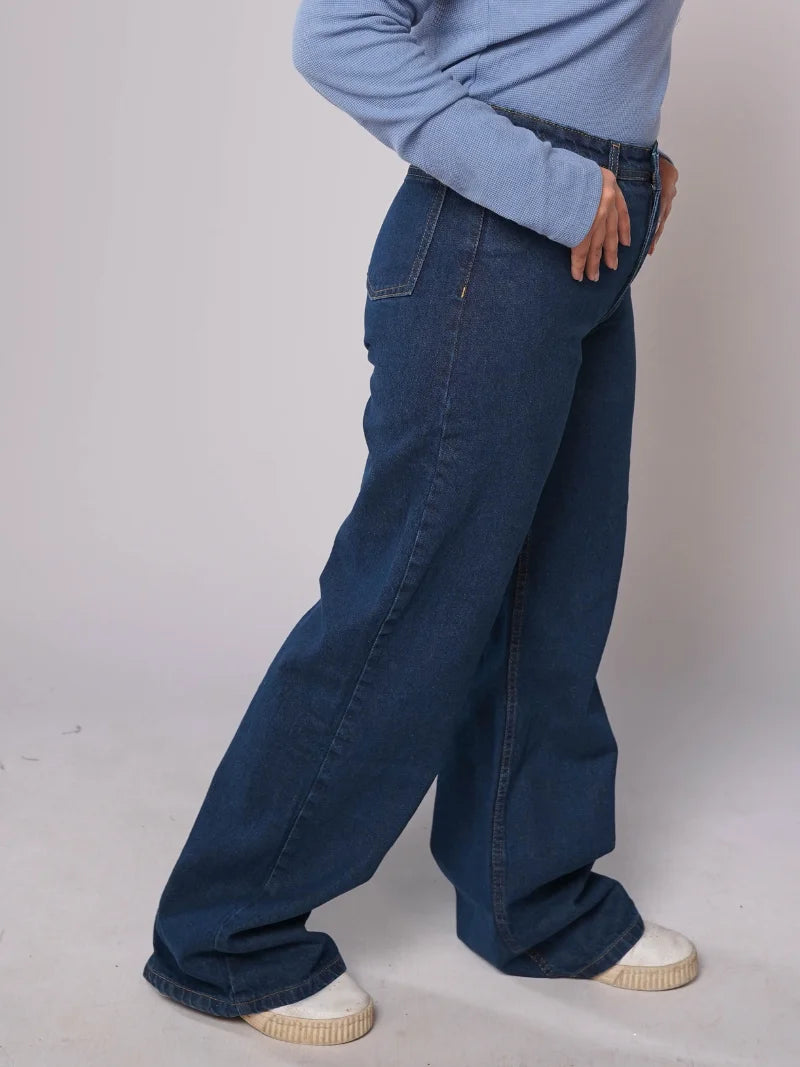 D600 - Dark Denim Blue High Waist Wide Leg Jeans