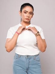 Band Collar Button Ribbed Knit TEE - White (Short Sleeves)