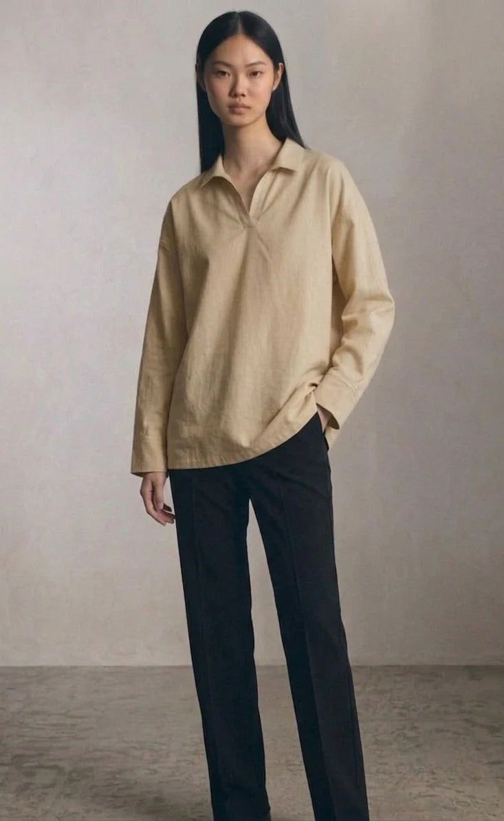 Oversized V-Neck Collar Shirt - Beige