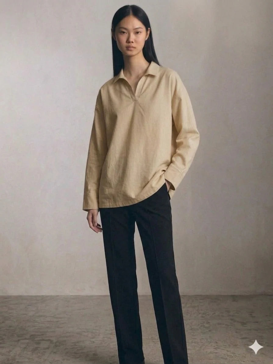 Oversized V-Neck Collar Shirt - Beige