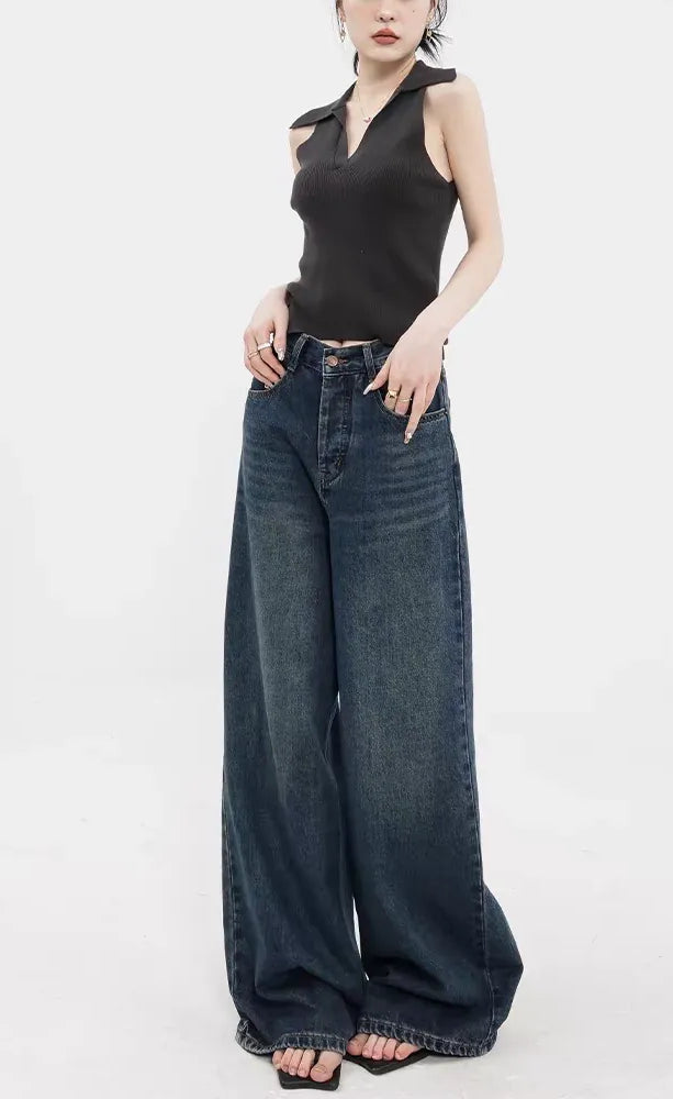 D600 Loose Fit High Waist Wide Leg Jeans - indigo Green