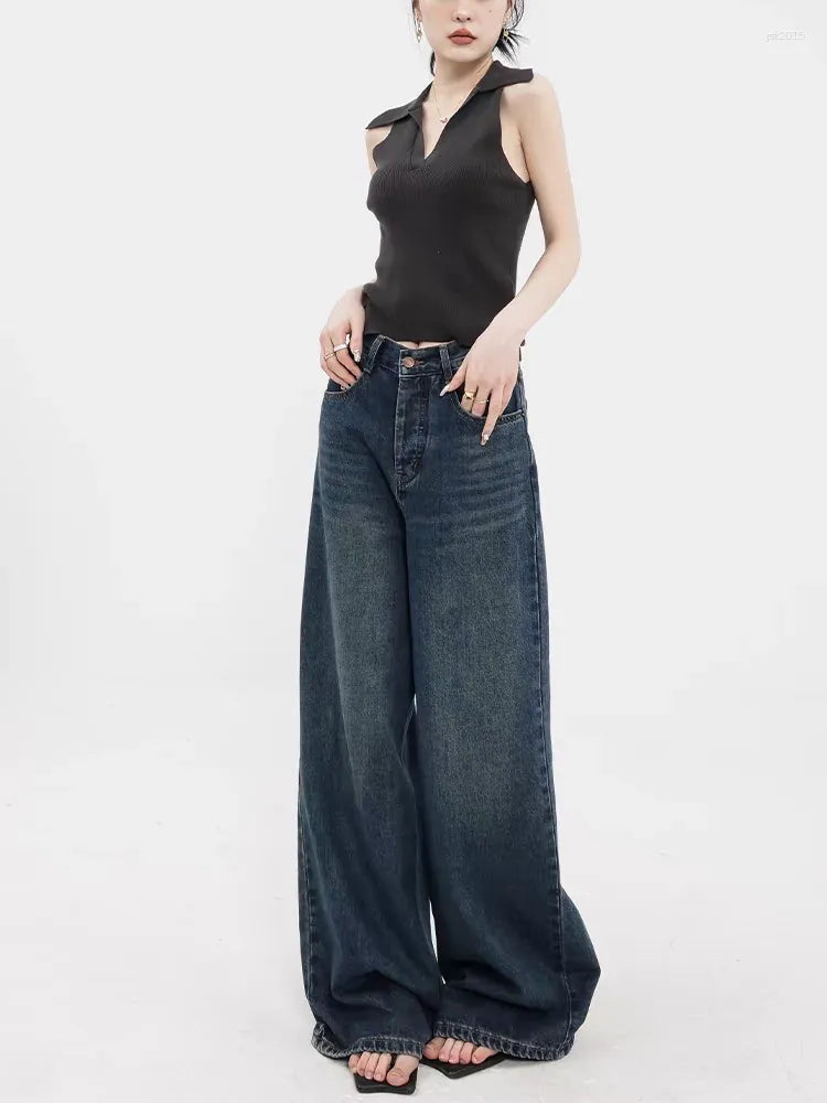 D600 Loose Fit High Waist Wide Leg Jeans - indigo Green