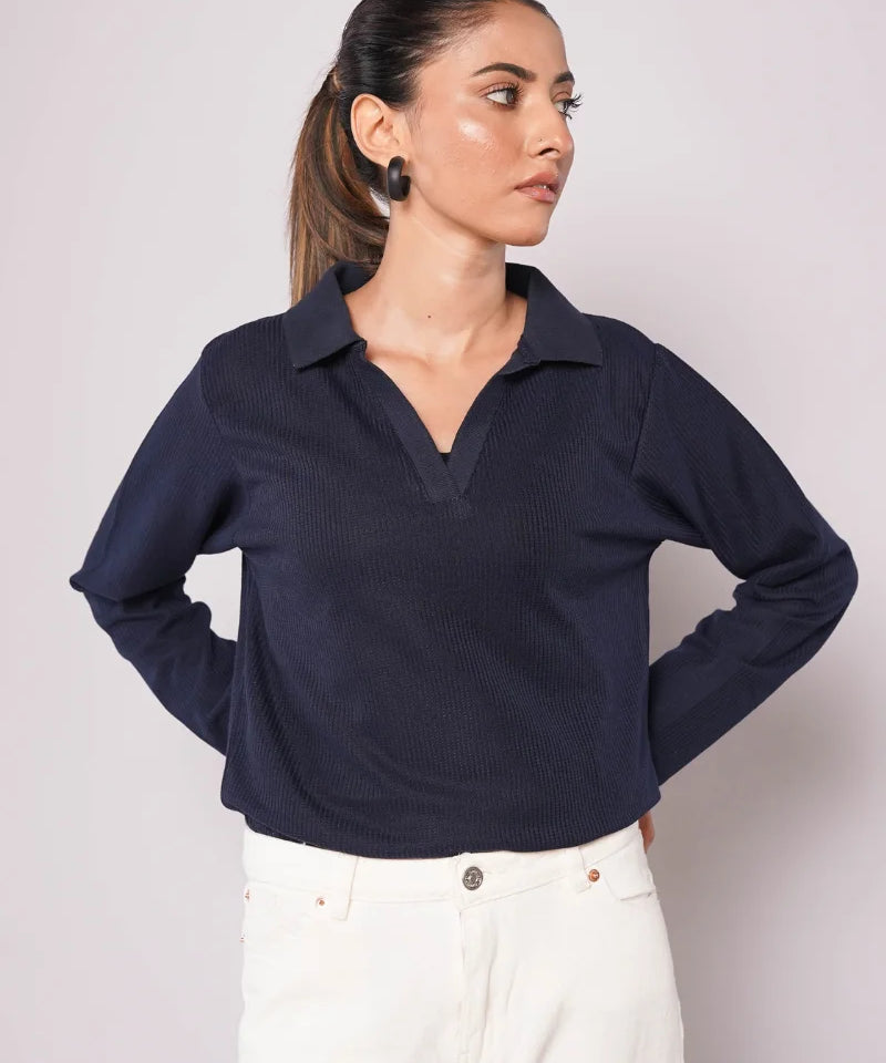 Johnny Collar Ribbed Knit Polo - Navy Blue (Full Sleeves)