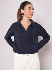 Johnny Collar Ribbed Knit Polo - Navy Blue (Full Sleeves)