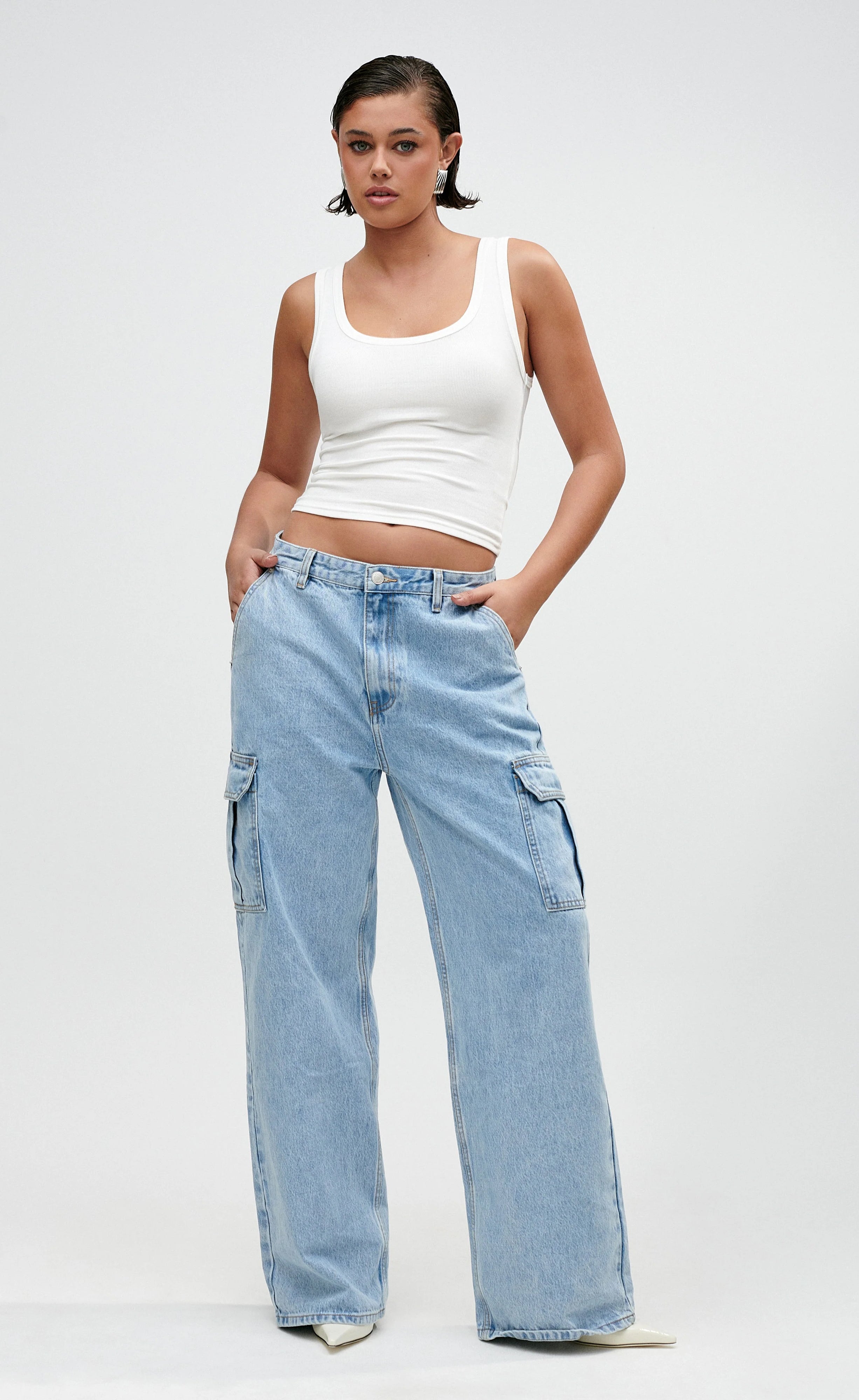 Baggy Cargo High Waist Wide Leg Jeans - Light Blue
