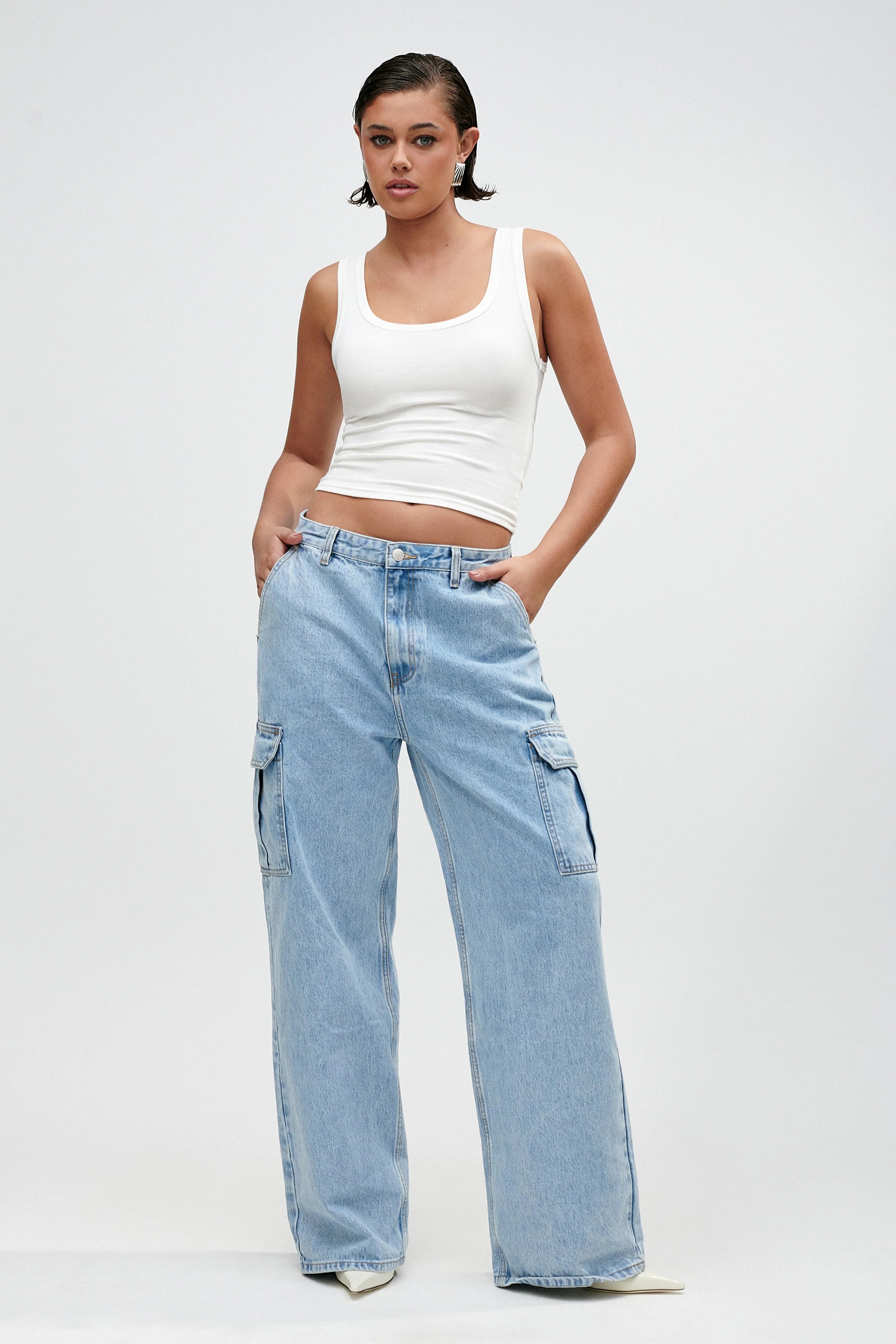 Baggy Cargo High Waist Wide Leg Jeans - Light Blue