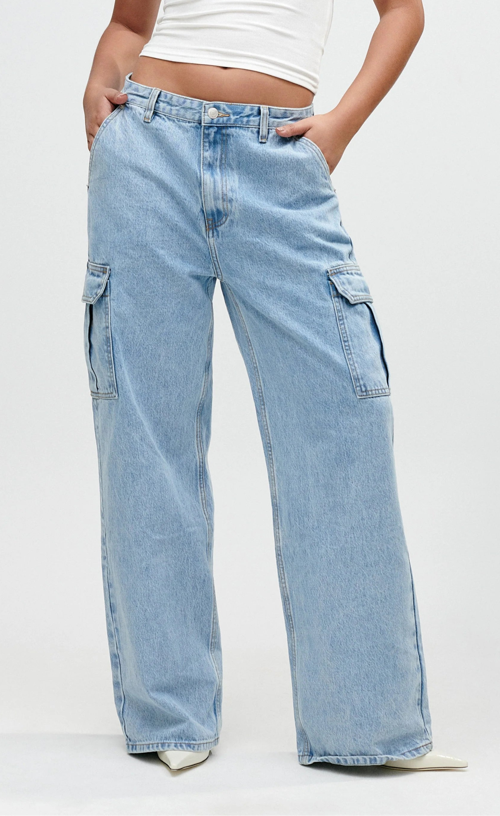 Baggy Cargo High Waist Wide Leg Jeans - Light Blue