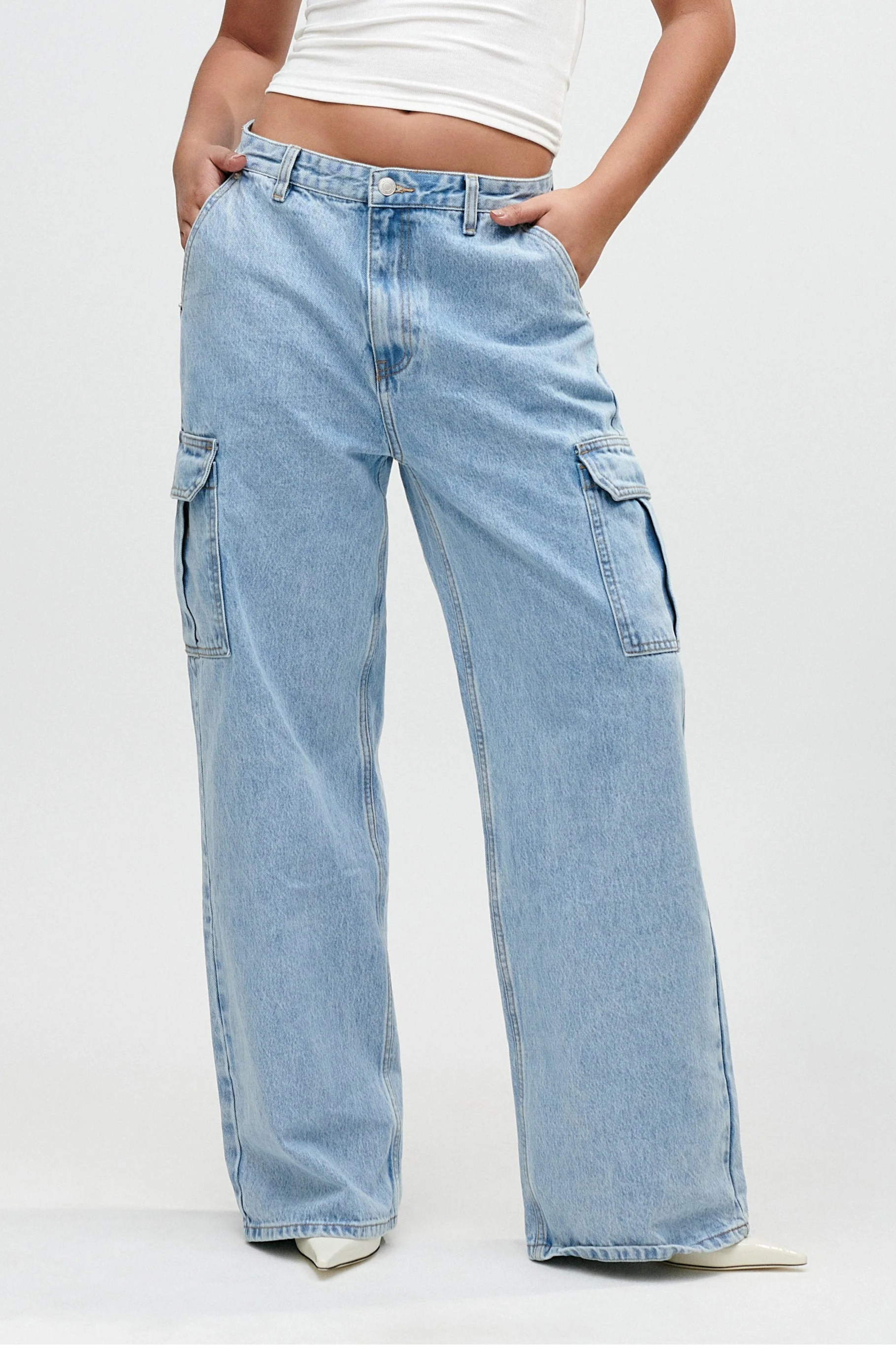Baggy Cargo High Waist Wide Leg Jeans - Light Blue