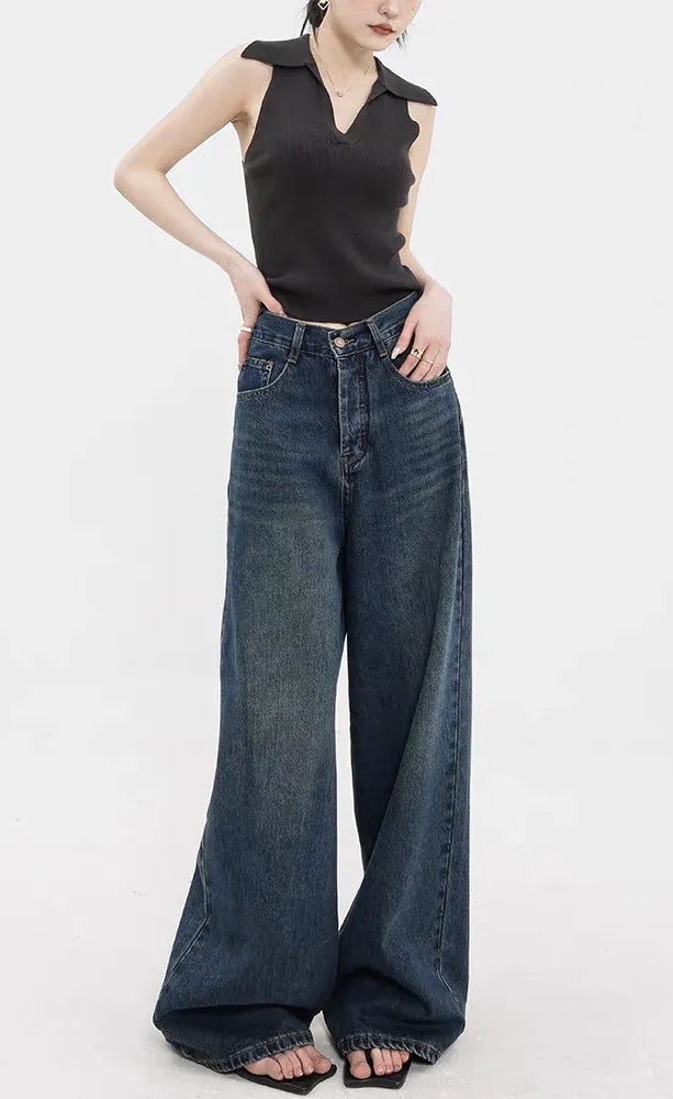 D600 Loose Fit High Waist Wide Leg Jeans - indigo Green