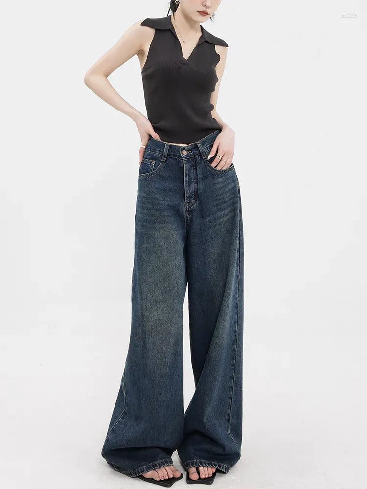 D600 Loose Fit High Waist Wide Leg Jeans - indigo Green