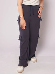 D600 - Navy Blue Wide Leg Double Pocket Cargo Trousers