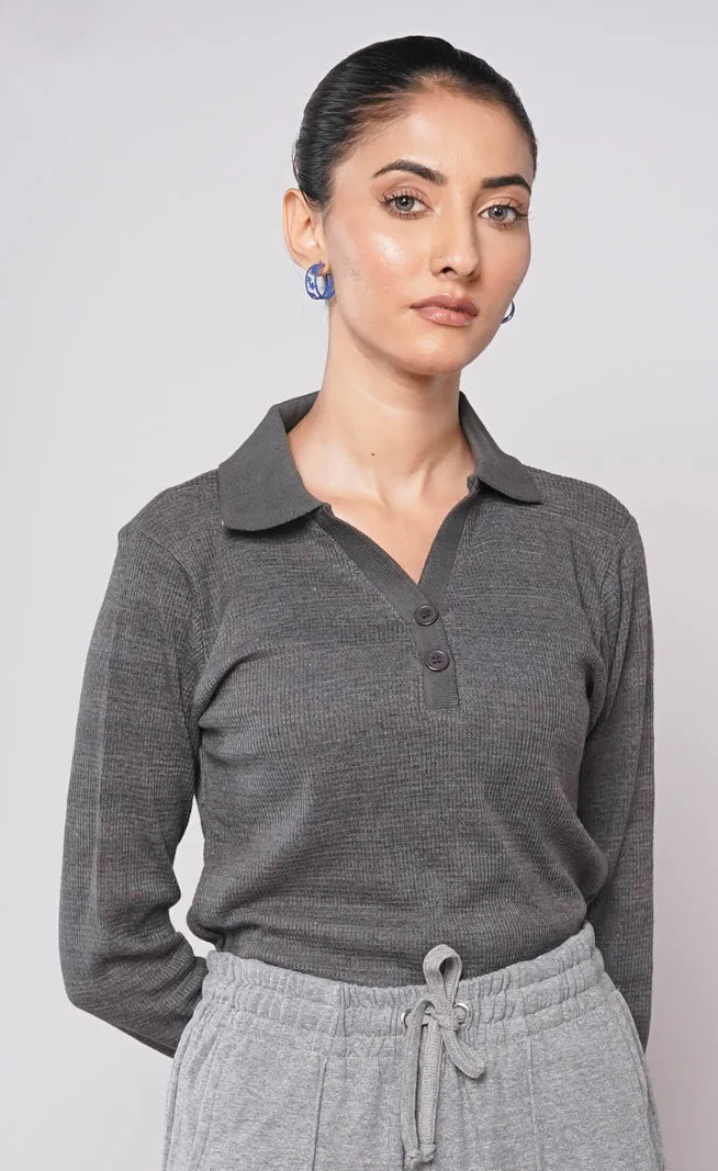 Johnny Collar Button Ribbed Knit Polo - Charcoal Grey (Full Sleeves)