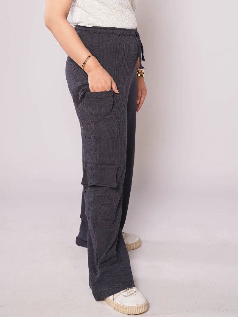 D600 - Navy Blue Wide Leg Double Pocket Cargo Trousers