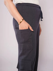 D600 - Navy Blue Wide Leg Double Pocket Cargo Trousers