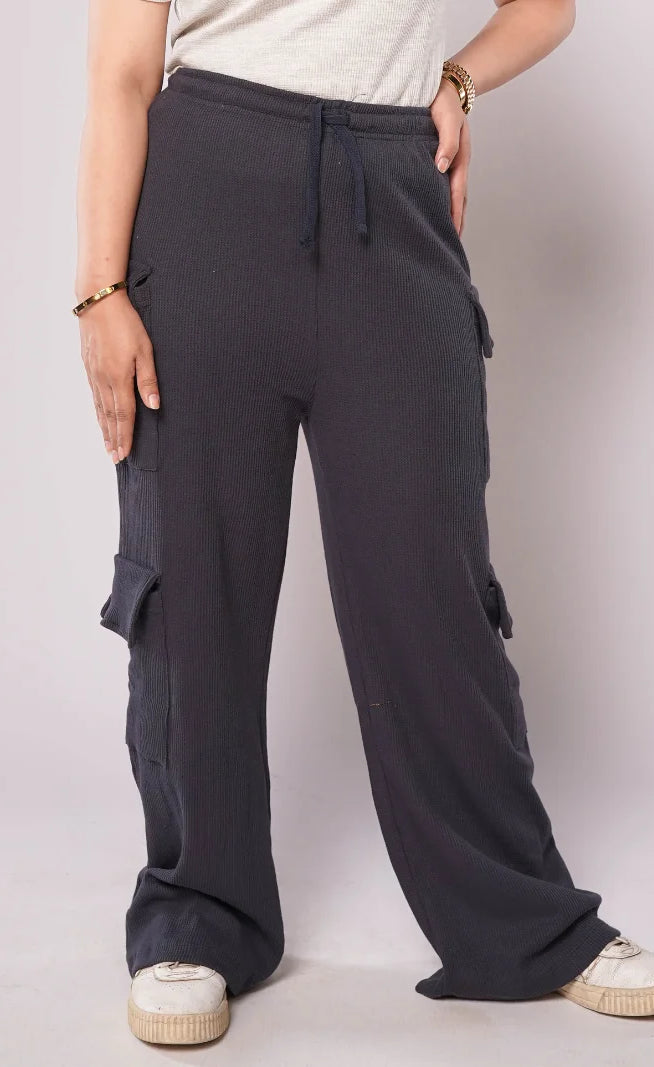 D600 - Navy Blue Wide Leg Double Pocket Cargo Trousers