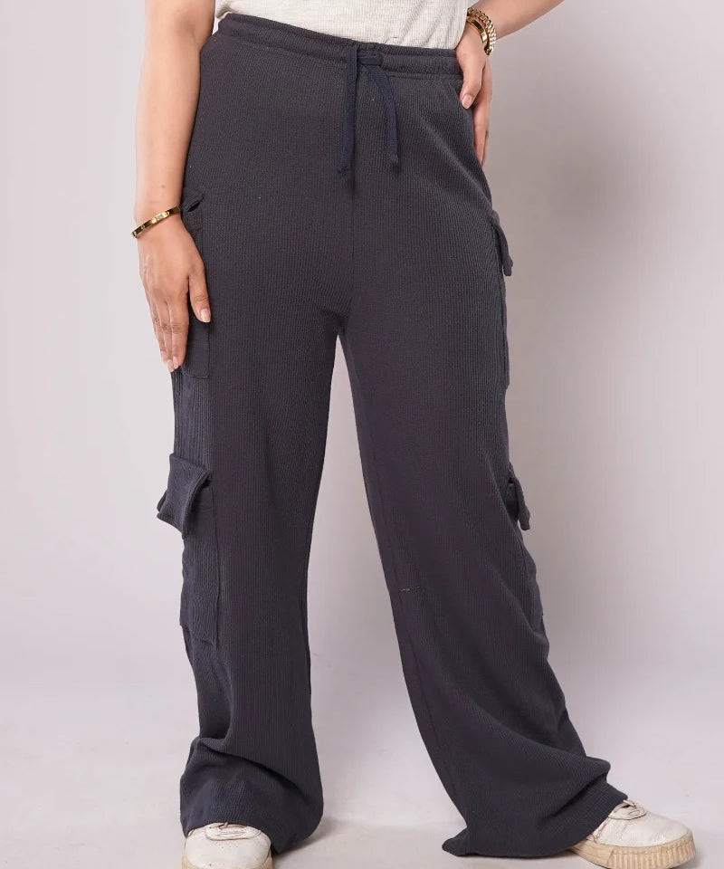 D600 - Navy Blue Wide Leg Double Pocket Cargo Trousers