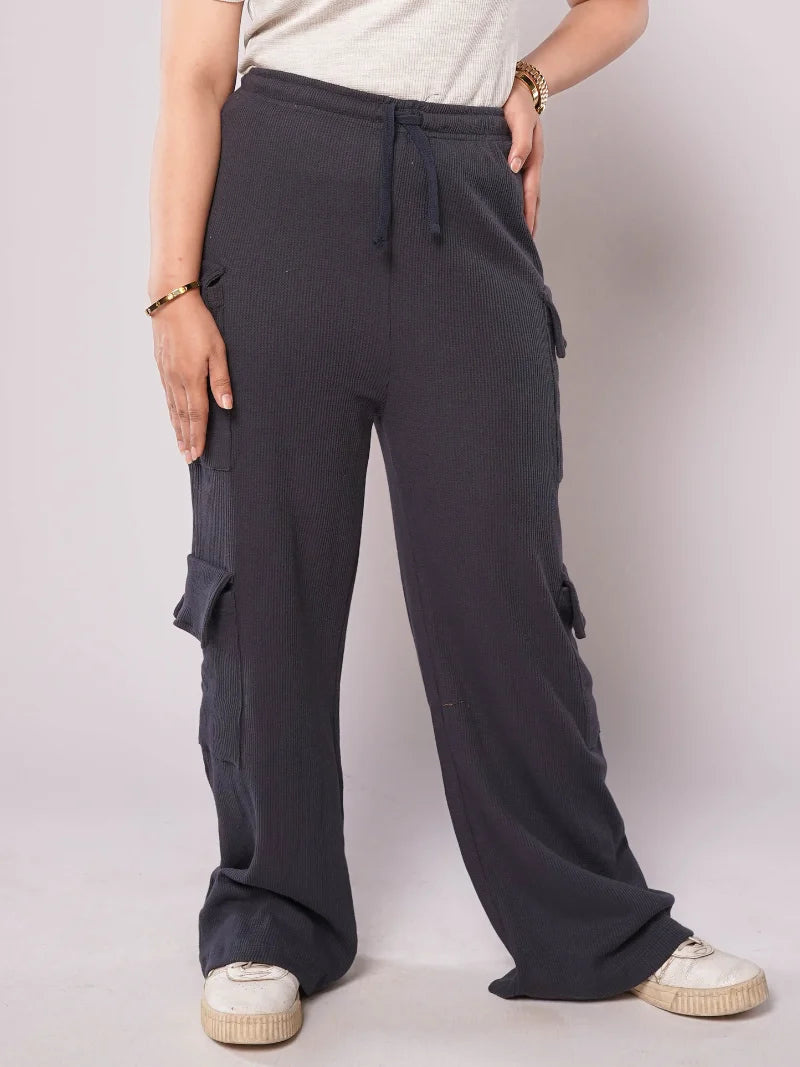 D600 - Navy Blue Wide Leg Double Pocket Cargo Trousers