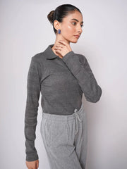 Johnny Collar Button Ribbed Knit Polo - Charcoal Grey (Full Sleeves)