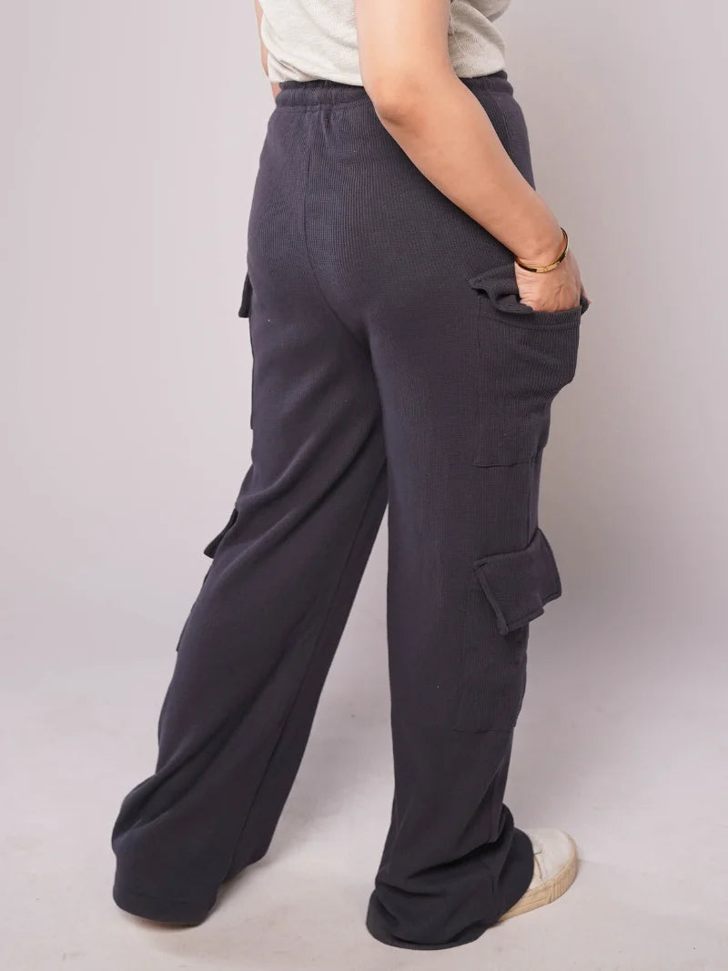 D600 - Navy Blue Wide Leg Double Pocket Cargo Trousers