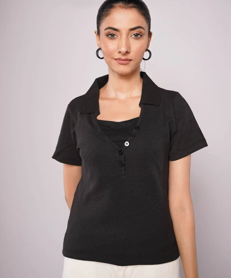 Low-Cut Button Ribbed Knit Polo - Black (Short Sleeves)