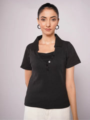 Low-Cut Button Ribbed Knit Polo - Black (Short Sleeves)