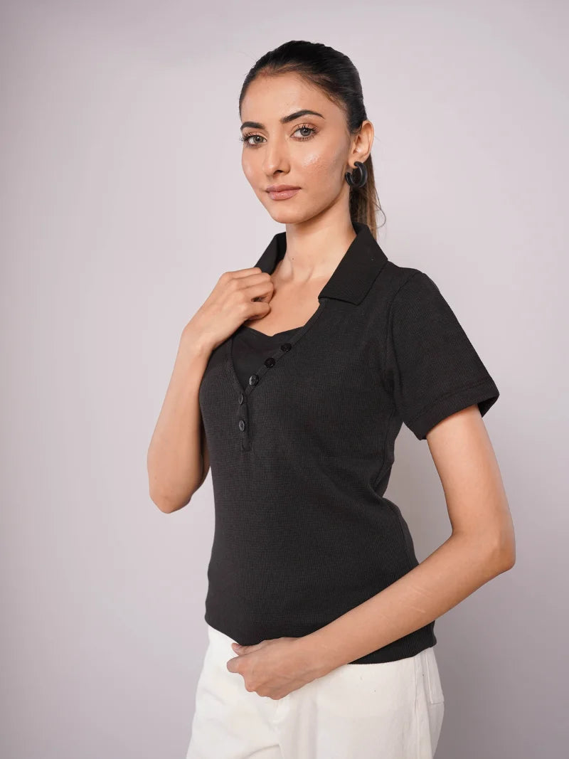 Low-Cut Button Ribbed Knit Polo - Black (Short Sleeves)